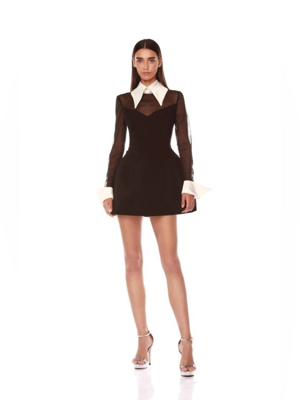 Bronx & Banco Wednesday WhiteCollar CuffSleeves Black Mesh Mini Dress M NWOT - Picture 4 of 5